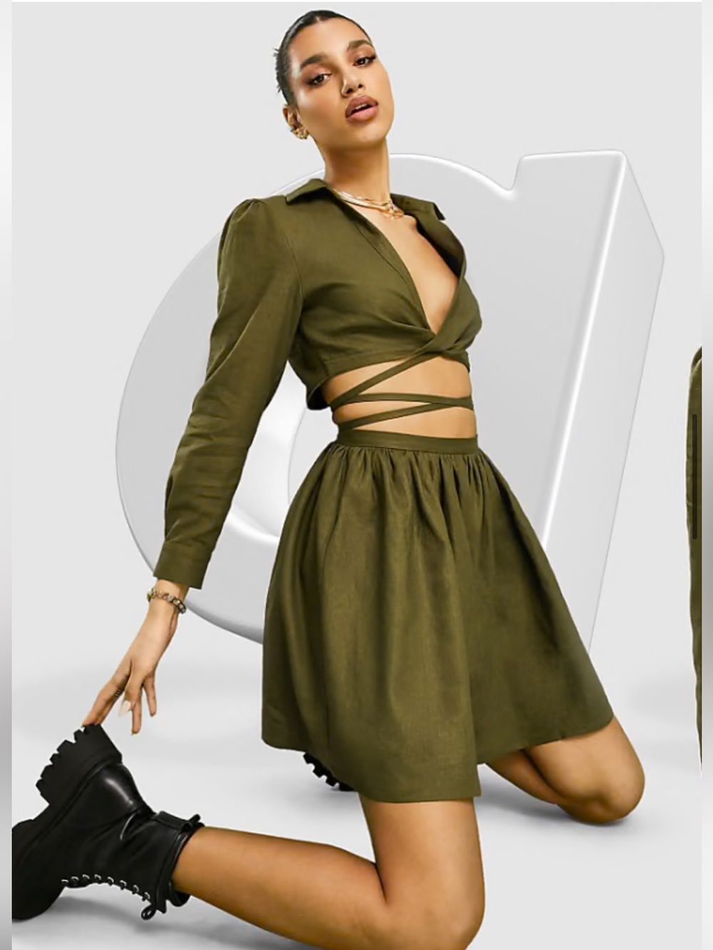 ASOS Olive Green Wrap Crop Mini Dress with Strappy Waist